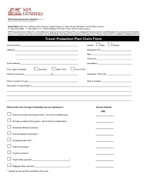 Fillable Online Travel Protection Plan Claim Form Mpi Generali Travel