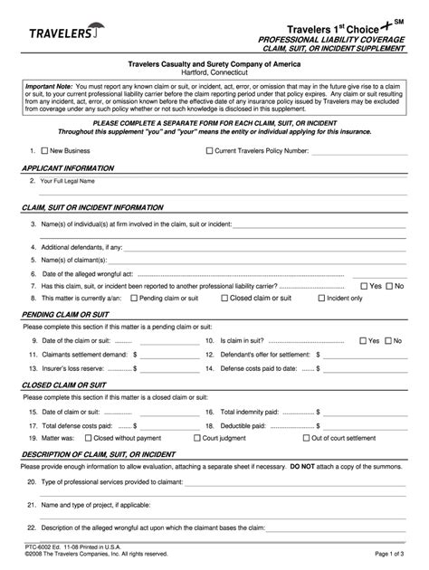 Fillable Online Travelers Professional Liability Coverage Claim Suit Or Incident Supplement Form