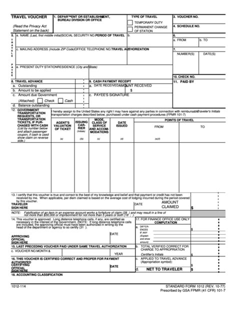 Fillable Travel Voucher Standard Form 1012 Printable Pdf Download