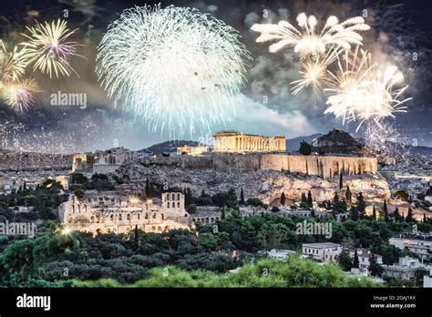 Fireworks Over Athens Acropolis And The Parthenon Attica Greece