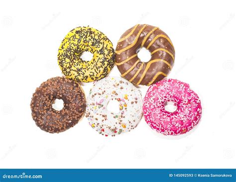 Five Donuts On White Background Stock Image Image Of Delicious