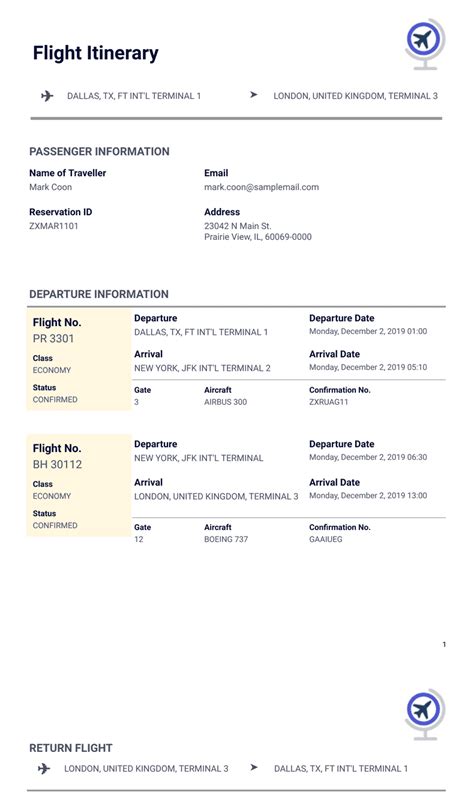 Flight Itinerary Template Pdf Templates Jotform