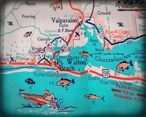 Florida Panhandle Fort Walton Beach Destin Retro Beach Map Print Funky Vintage Turquoise Photo