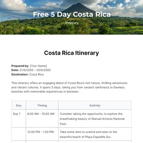 Free 7 Day Costa Rica Itinerary Template Edit Online Download