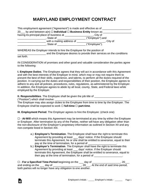 Free Maryland Employment Contract Templates 4 Pdf Word Eforms