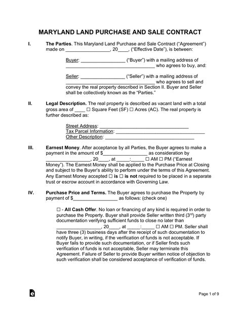 Free Maryland Land Contract Template Pdf Word Eforms