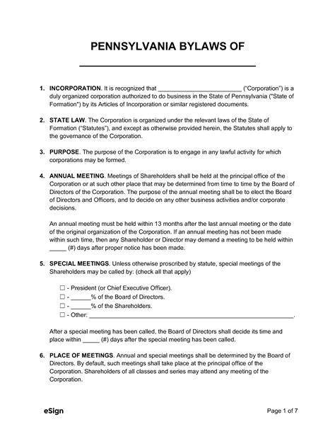 Free Pennsylvania Corporate Bylaws Template Pdf Word