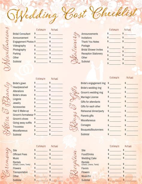 Free Printable Wedding Cost Checklist Wedding Cost Checklist