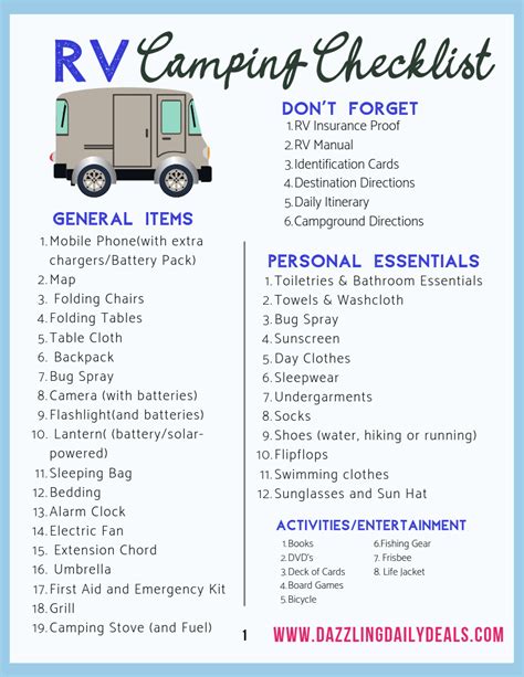 Free Rv Checklist Printable Packing List Travel Trailer Camping