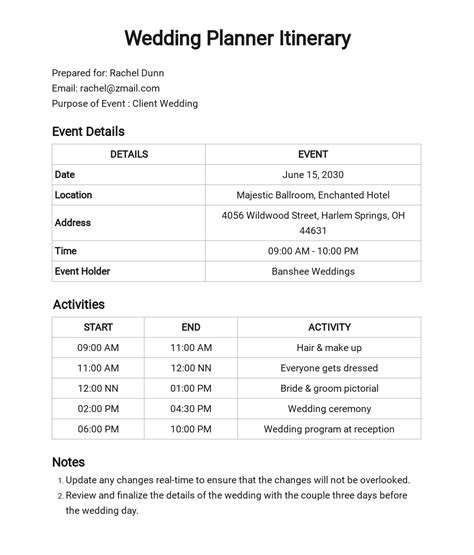 Free Wedding Planner Itinerary Template Word Doc Apple Mac