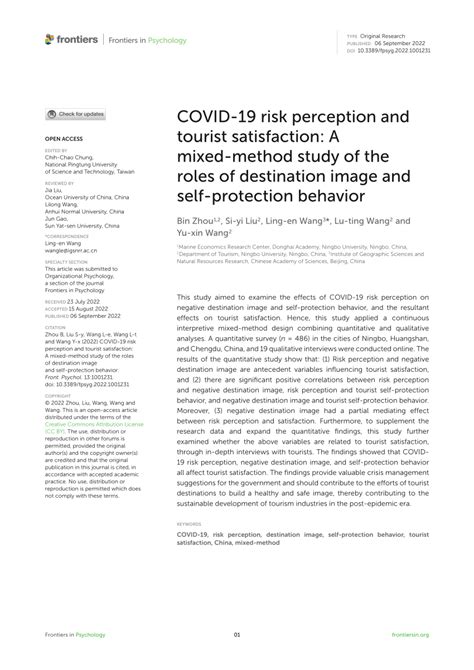 Frontiers Covid 19 Risk Perception And Tourist Satisfaction A Mixed Method Study Of The Roles