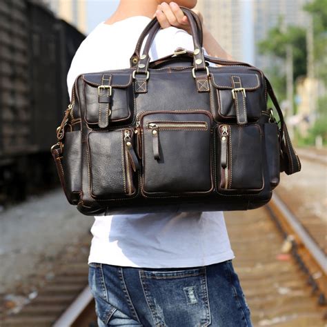 Genuine Leather Mens Cool Weekender Bag Travel Bag Duffle Bags Briefca