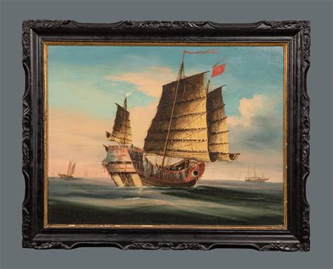 Good And Large Chinese Export Painting Of An Ocean Going Junk In Its