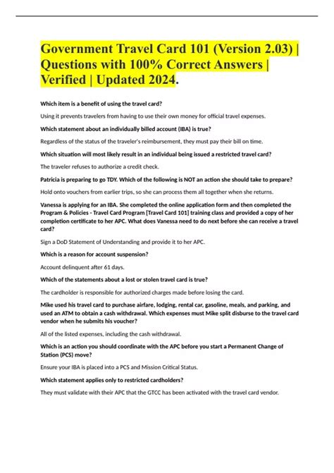 Government Travel Card 101 (Version 2.03)/Questions And Answers 2023/2024 |Answers Verified 100% ...