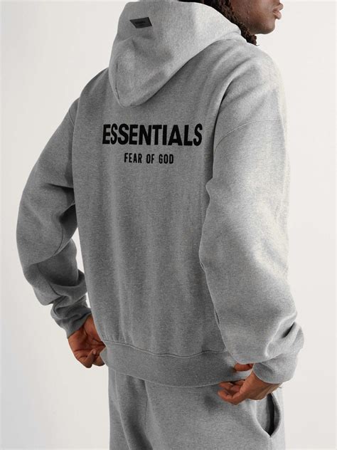 Gray Logo Flocked Cotton Blend Jersey Hoodie Fear Of God Essentials