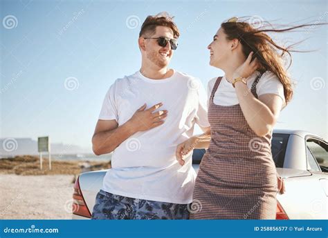 Happy Couple And Travel For Love On Road Trip Vacation In Relationship