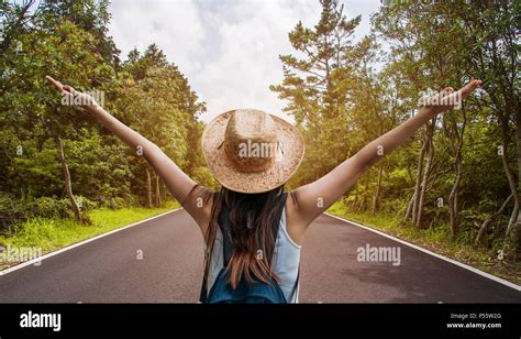 Happy Travel Woman On Vacation Concept Funny Traveler Enjoy Her Trip