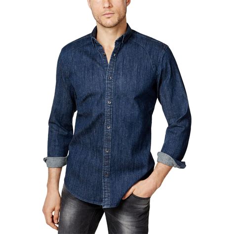 I N C I N C Mens Denim Button Up Shirt Blue Small Walmart Com