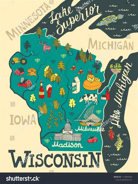 Illustrated Map Of Wisconsin Usa Travel And Royalty Free Stock