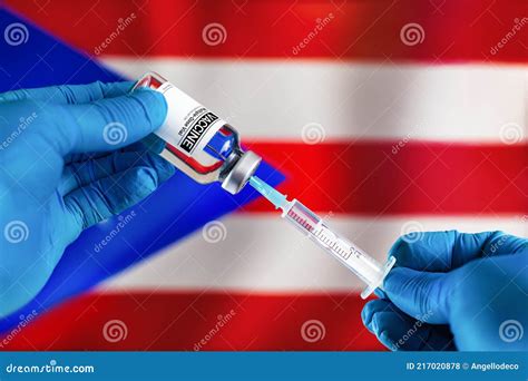 Injecting Dose Of Vaccine In Syringe For Infections Prevention In Front Of The Puerto Rico Flag