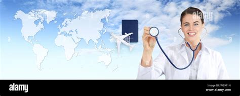 International Travel Medical Insurance Concept Smile Doctor Woman Showing Stethoscope Airplane