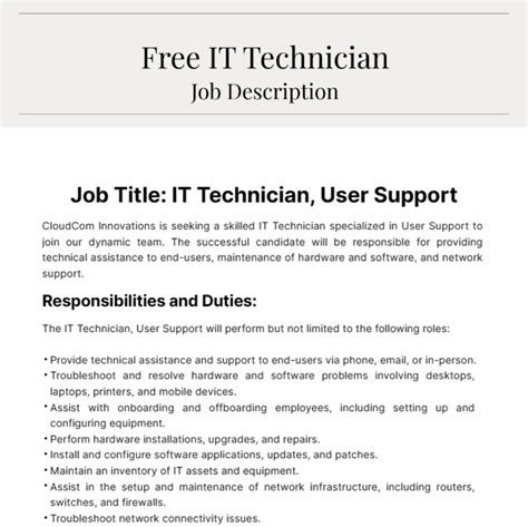 It Technician Job Description Ready To Post And Easy To Customize