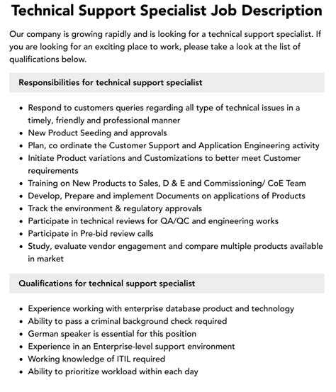 Job Description Technical Support Specialist