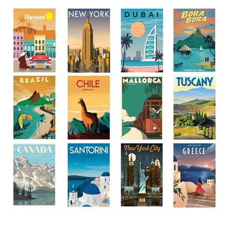 Kartmen Vintage Travel Posters Self Adhesive Easy Peel And Stick