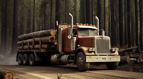 Large Truck Driving Through A Forest With Huge Logs Background Logging