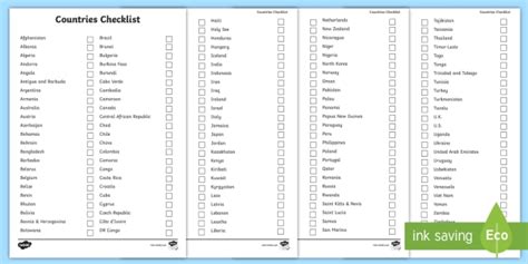 List Of Countries World Countries Checklist Twinkl