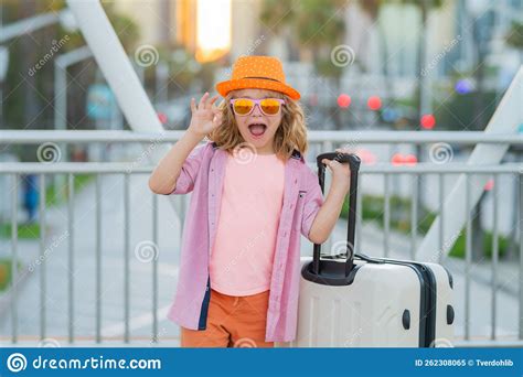 Little Traveler With Suitcase Happy Child Tourist With Travel Bag