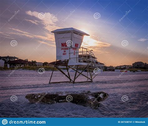 Low Angle Shot Of A Lifeguard Tower On The Beach In Destin Fl At Sunrise Stock Image Image