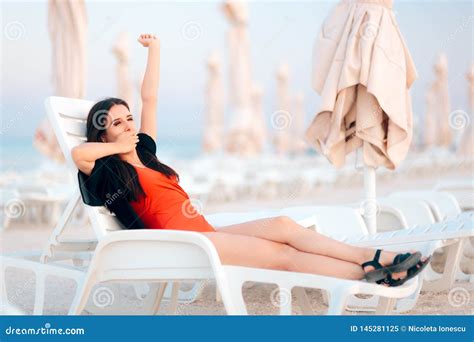 Luxury Cruise Vacation Woman Relaxing In Lounger Chair Enjoying Sunset