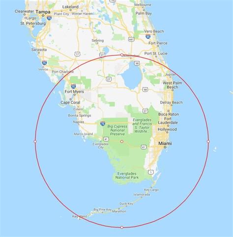 Map Of 100 Mile Radius From Big Cypress Swamp In The Florida Everglades