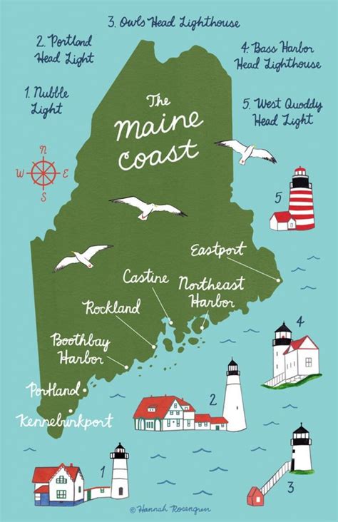 Map Of The Maine Coast 11X17 Amp Quot Print Maine Lighthouses Map Maine Coast Maine Lighthouses