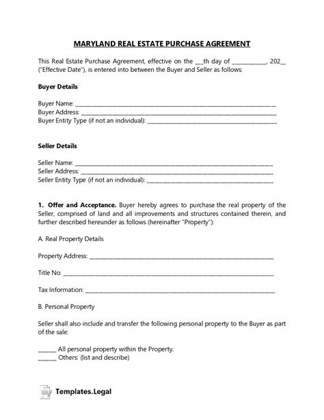 Maryland Purchase Agreement Templates Free Word Pdf Odt