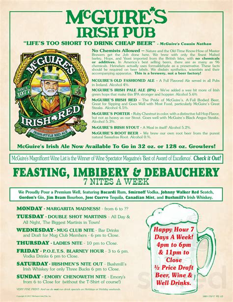 Mcguire S Irish Pub Menu In Pensacola Florida Usa