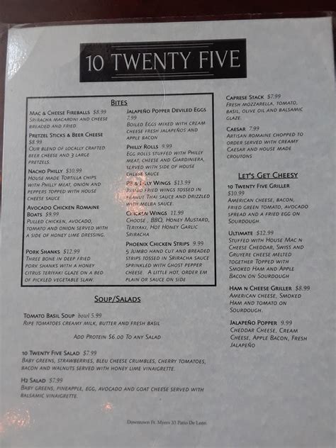 Menu At 10 Twenty Five Pub Bar Fort Myers 33 Patio De Leon