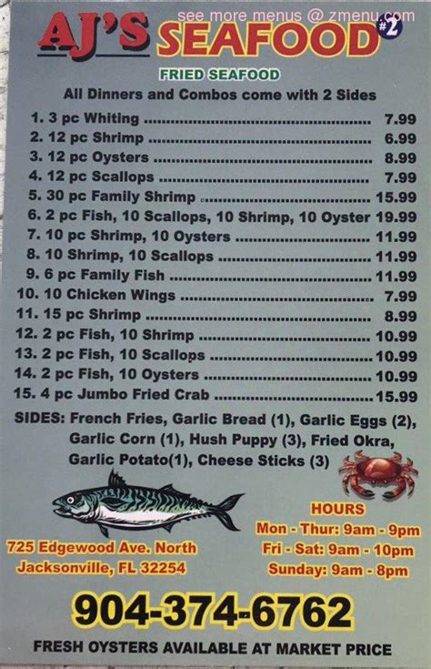 Menu At Aj Seafood Restaurant Jacksonville