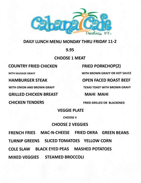 Menu At Cabana Cafe Miramar Beach 112 Seascape Dr