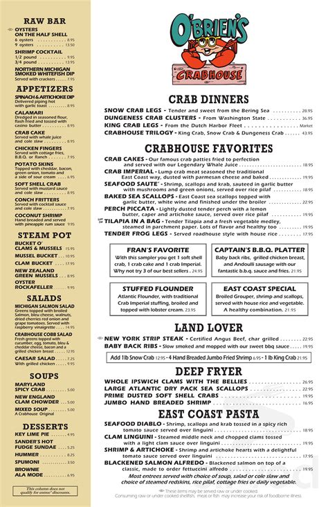 Menu O Brien S Crabhouse