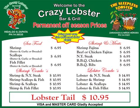 Menu The Crazy Lobster Bar And Grille