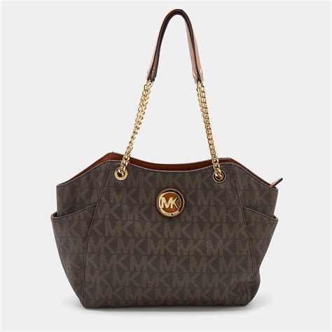 Michale Michael Kors Brown Signature Coated Canvas Jet Set Travel Chain Tote Michael Michael