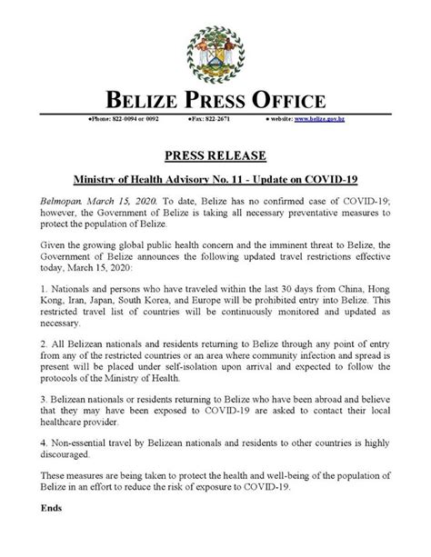 Ministry Of Health Advisory No 11 Update On Covid 19 The Consulate Of Belize In La