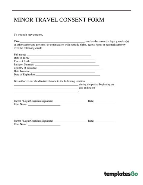 Minor Travel Consent Form W 3 Editable Templates