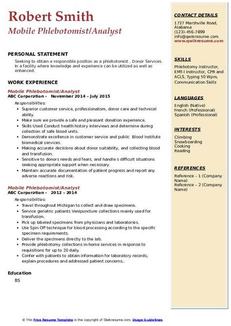 Mobile Phlebotomist Resume Samples Qwikresume