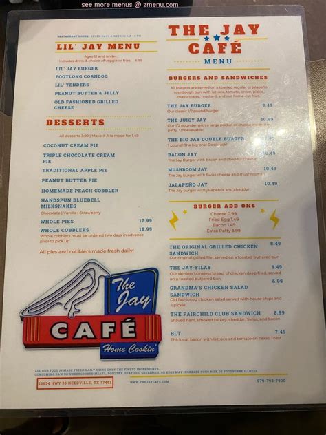 Online Menu Of The Jay Cafe Restaurant Needville Texas 77461 Zmenu