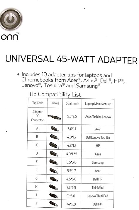 Onn Universal Laptop Charger Tip Chart