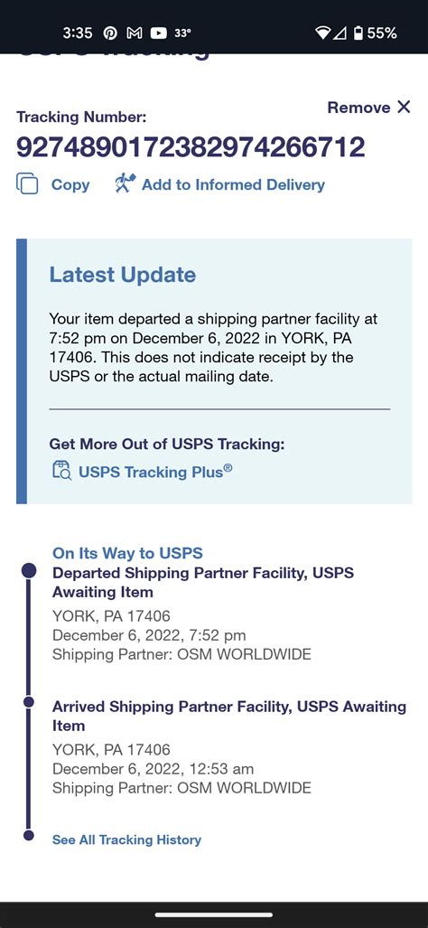 Osm Worldwide Says Departed Shipping Facility Usps Awaiting Item For