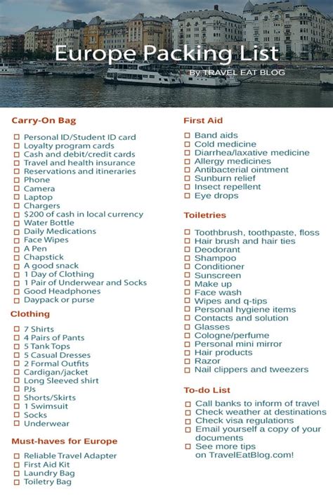 Packing List For Europe Essential Travel Items Printable Checklist